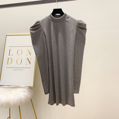 Őszi-téli női retro ruha, Karcsú modell vékony kötésből készült polár ujjal fekete és szürke színben