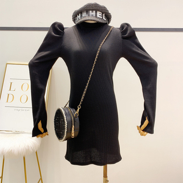 Őszi-téli női retro ruha, Karcsú modell vékony kötésből készült polár ujjal fekete és szürke színben