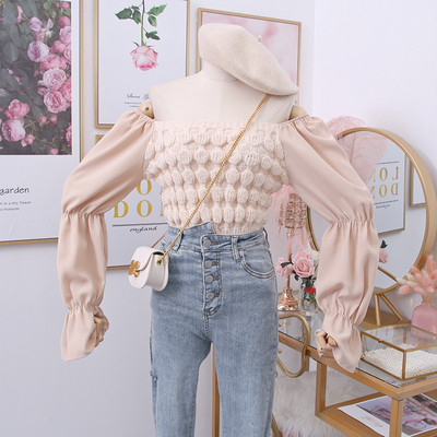 Új modell női kötött blúz sifon ujjal, csupasz váll több színben