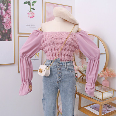 Új modell női kötött blúz sifon ujjal, csupasz váll több színben