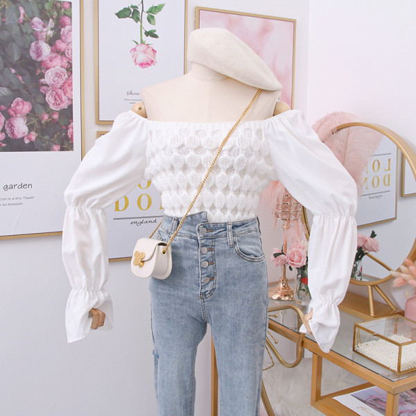 Új modell női kötött blúz sifon ujjal, csupasz váll több színben