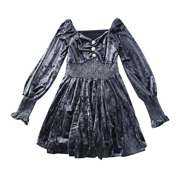 Κομψό γυναικείο φόρεμα βελούδο με γυμνούς ώμους, κουμπιά και μοτίβο με μακρύ μανίκι