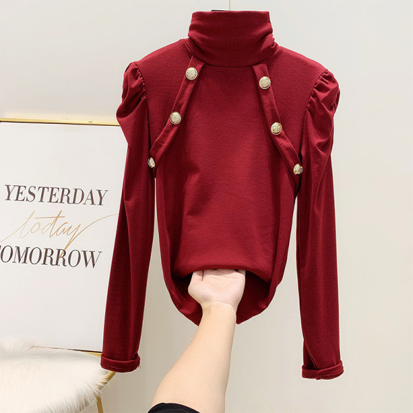 Λεπτό πλεκτό γυναικείο πουλόβερ Slim με υψηλό κολάρο, μανίκι και κουμπιά