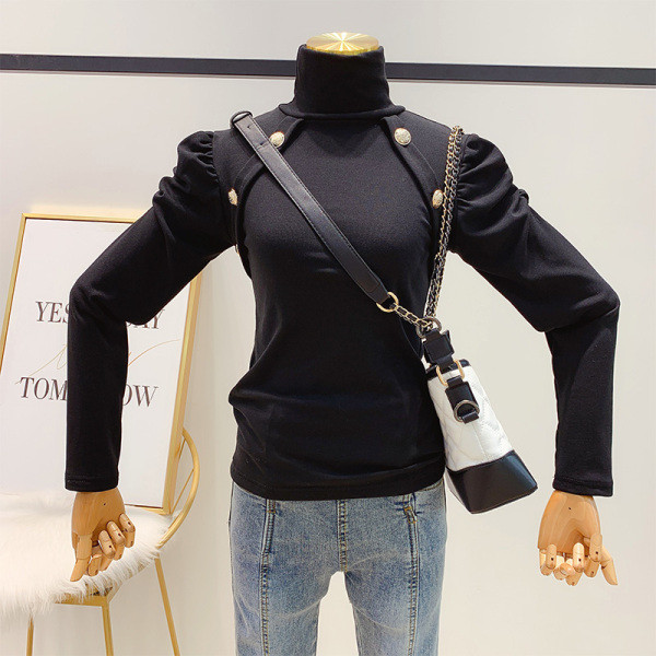 Λεπτό πλεκτό γυναικείο πουλόβερ Slim με υψηλό κολάρο, μανίκι και κουμπιά