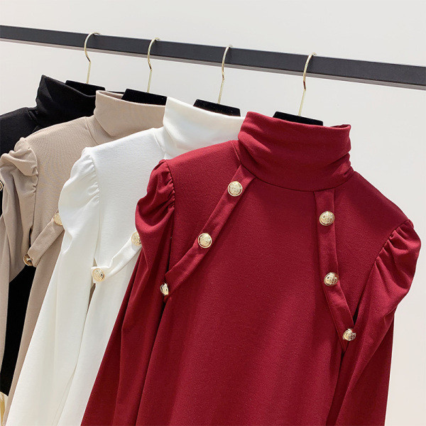 Λεπτό πλεκτό γυναικείο πουλόβερ Slim με υψηλό κολάρο, μανίκι και κουμπιά