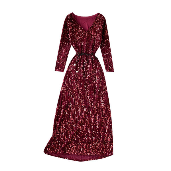 Elegáns női ruha flitterekkel, V-nyakú és hosszú ujjú több színben