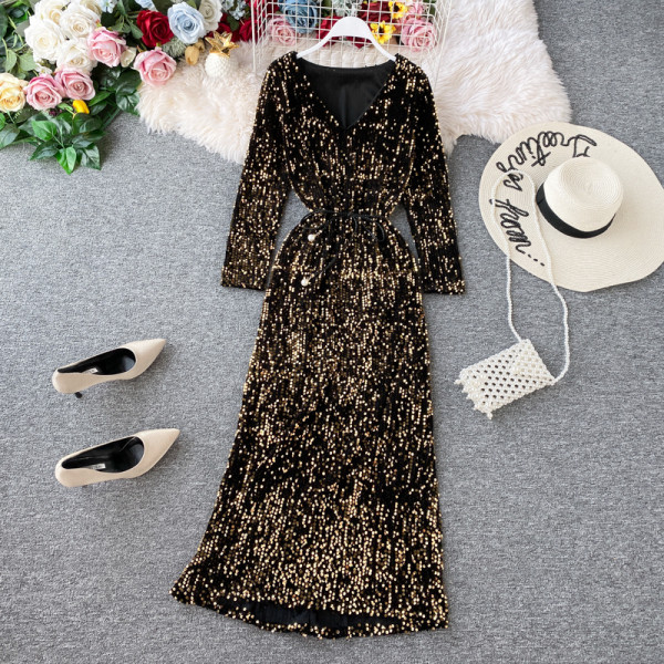 Elegáns női ruha flitterekkel, V-nyakú és hosszú ujjú több színben