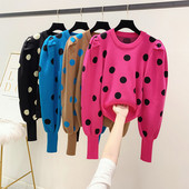 Γυναικείο χειμερινό πουλόβερ πουά με  βολάν μανίκι σε διάφορα χρώματα