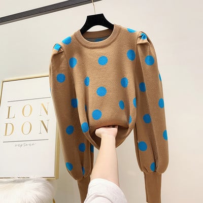 Γυναικείο χειμερινό πουλόβερ πουά με  βολάν μανίκι σε διάφορα χρώματα