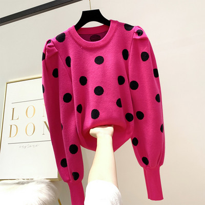 Γυναικείο χειμερινό πουλόβερ πουά με  βολάν μανίκι σε διάφορα χρώματα