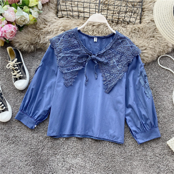 Μοντέρνο γυναικείο πουκάμισο με δαντέλα και φαρδύ μανίκι με κουμπιά σε τρία χρώματα