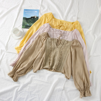Дамска къса блуза с дантела,връзки и широки ръкави в няколко цвята
