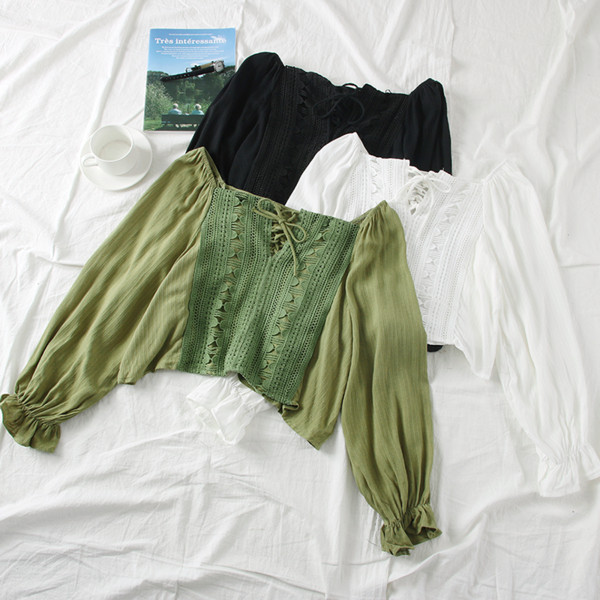 Γυναικεία κοντή μπλούζα με δαντέλα, κορδόνια και φαρδιά μανίκια σε διάφορα χρώματα