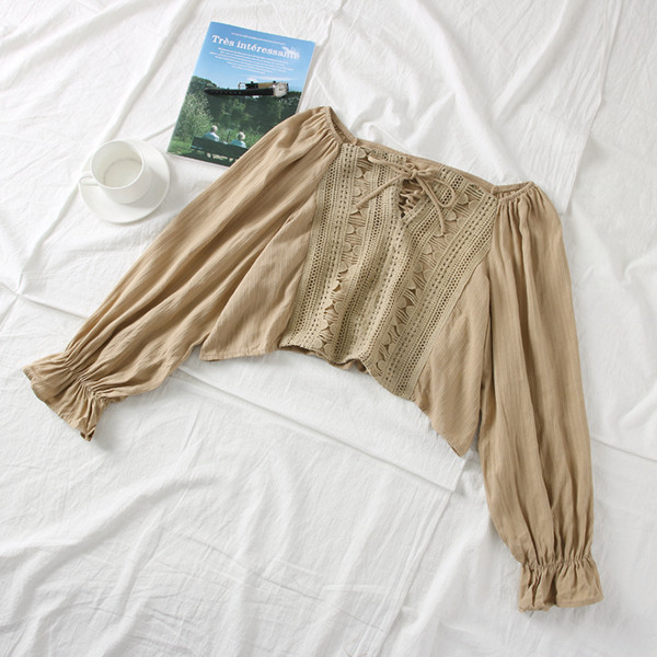 Γυναικεία κοντή μπλούζα με δαντέλα, κορδόνια και φαρδιά μανίκια σε διάφορα χρώματα