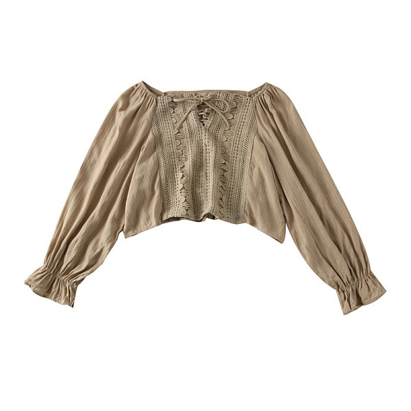 Γυναικεία κοντή μπλούζα με δαντέλα, κορδόνια και φαρδιά μανίκια σε διάφορα χρώματα