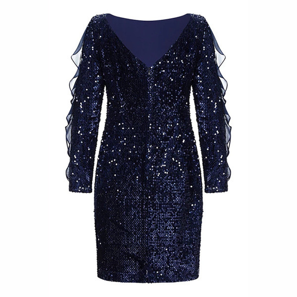 Ladies Short Dress Κατάλληλο για το φθινόπωρο και το χειμώνα με πούλιες και μακριά μανίκια σε μπλε χρώμα