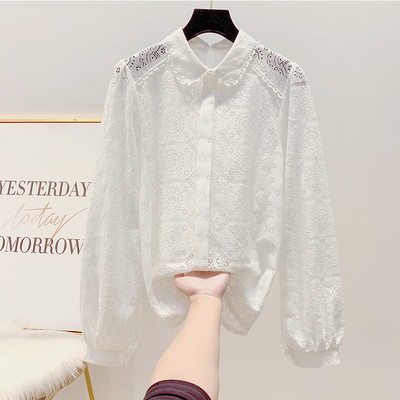 Női csipke ing hosszú ujjal és klasszikus gallérral fehér, fekete és bézs színben