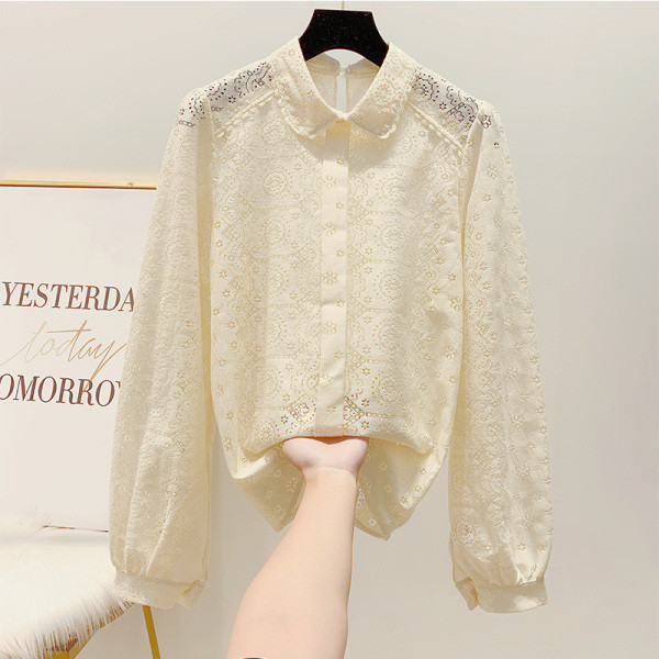 Női csipke ing hosszú ujjal és klasszikus gallérral fehér, fekete és bézs színben