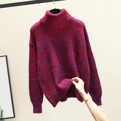 Есенно-зимен дамски пуловер с висока поло яка в черен и червен цвят 