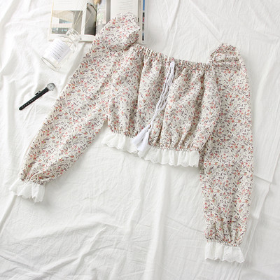 Νέο μοντέλο γυναικεία μπλούζα μοντέλο με τετράγωνο λαιμόκοψη, φούντες και φυτικά μοτίβα