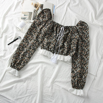 Νέο μοντέλο γυναικεία μπλούζα μοντέλο με τετράγωνο λαιμόκοψη, φούντες και φυτικά μοτίβα