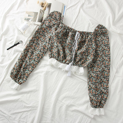 Νέο μοντέλο γυναικεία μπλούζα μοντέλο με τετράγωνο λαιμόκοψη, φούντες και φυτικά μοτίβα