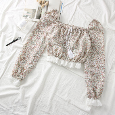 Νέο μοντέλο γυναικεία μπλούζα μοντέλο με τετράγωνο λαιμόκοψη, φούντες και φυτικά μοτίβα