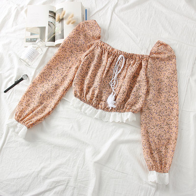 Νέο μοντέλο γυναικεία μπλούζα μοντέλο με τετράγωνο λαιμόκοψη, φούντες και φυτικά μοτίβα