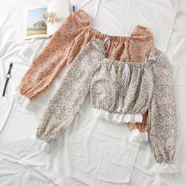 Νέο μοντέλο γυναικεία μπλούζα μοντέλο με τετράγωνο λαιμόκοψη, φούντες και φυτικά μοτίβα