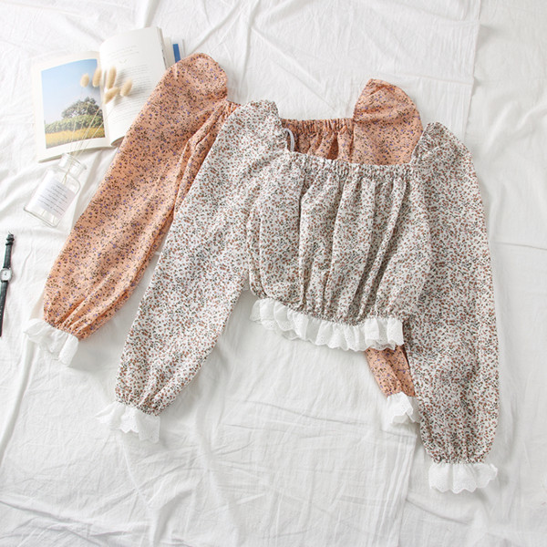 Νέο μοντέλο γυναικεία μπλούζα μοντέλο με τετράγωνο λαιμόκοψη, φούντες και φυτικά μοτίβα