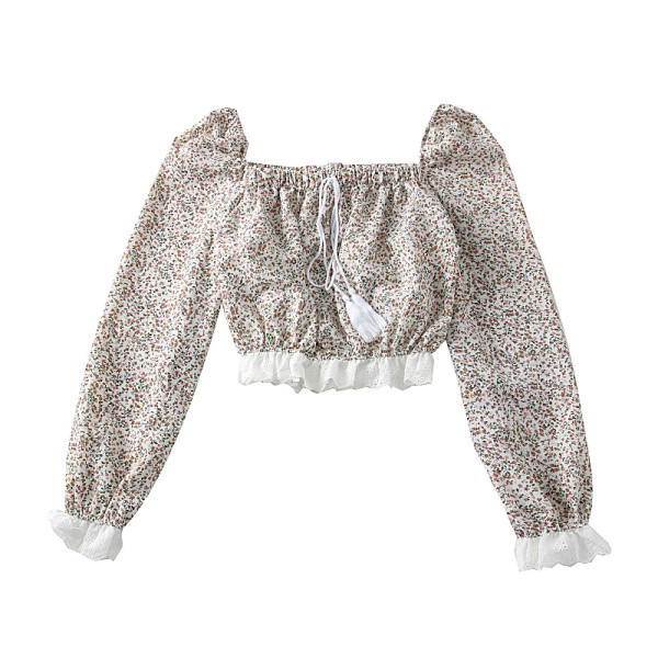 Νέο μοντέλο γυναικεία μπλούζα μοντέλο με τετράγωνο λαιμόκοψη, φούντες και φυτικά μοτίβα