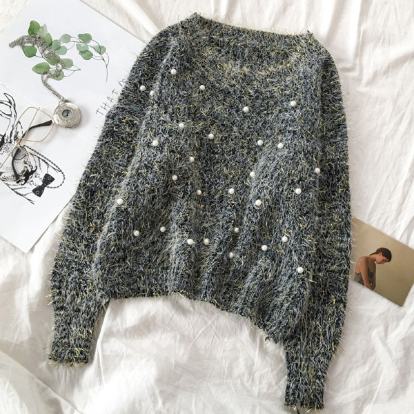 Modern női pulóver ovális nyakkivágással és gyöngyökkel, három színben