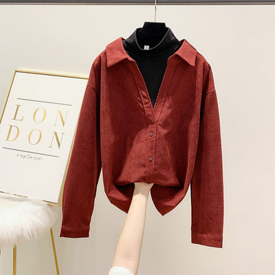 Φαρδύ μοντέλο ρετρό  πουκάμισο με κλασικό κολάρο σε μπορντό και μουστάρδη χρώμα