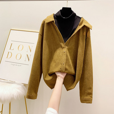 Φαρδύ μοντέλο ρετρό  πουκάμισο με κλασικό κολάρο σε μπορντό και μουστάρδη χρώμα