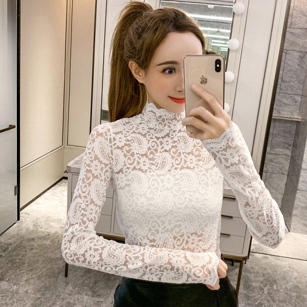 Δαντελένια μπλούζα με ψηλό γιακά σε τρία χρώματα