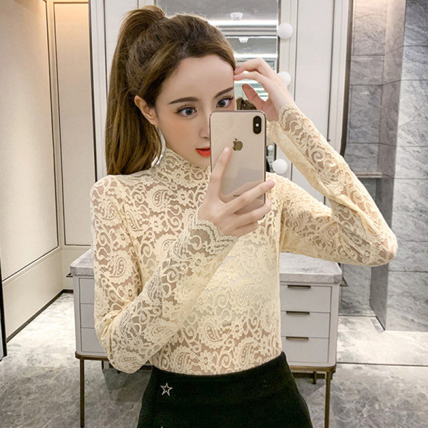 Δαντελένια μπλούζα με ψηλό γιακά σε τρία χρώματα