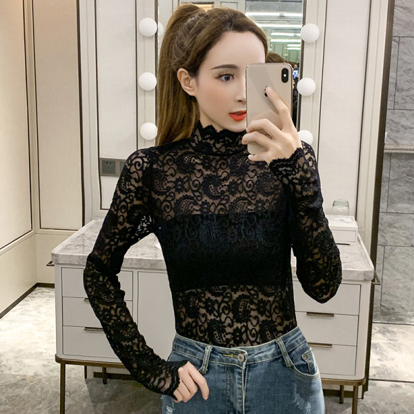 Δαντελένια μπλούζα με ψηλό γιακά σε τρία χρώματα