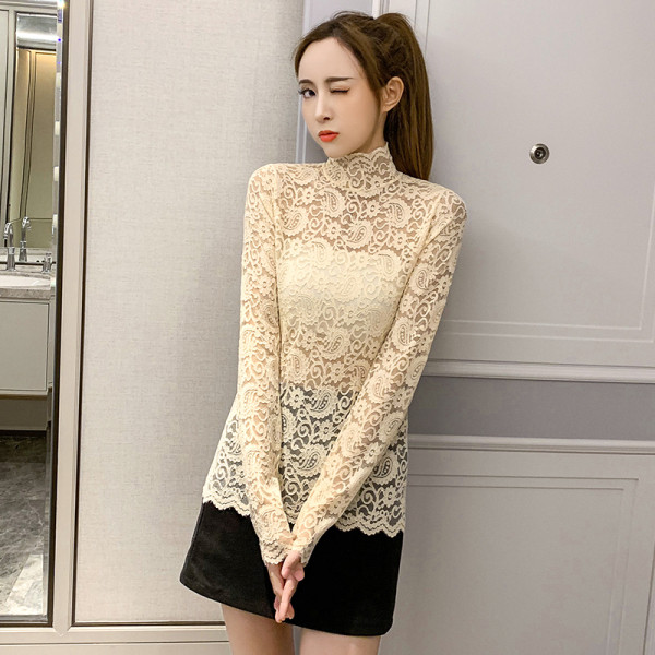 Δαντελένια μπλούζα με ψηλό γιακά σε τρία χρώματα