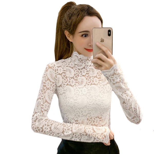 Δαντελένια μπλούζα με ψηλό γιακά σε τρία χρώματα