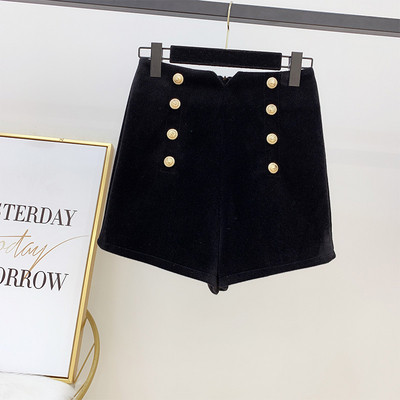 Modern női bársony rövidnadrág magas derékkal, fekete és lila gombokkal