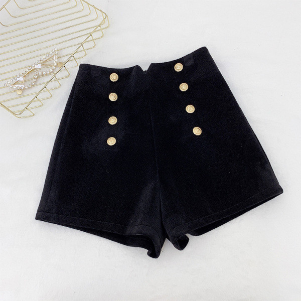 Modern női bársony rövidnadrág magas derékkal, fekete és lila gombokkal