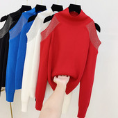 Pulover de dama cu guler polo, pietre si umerii goi in patru culori