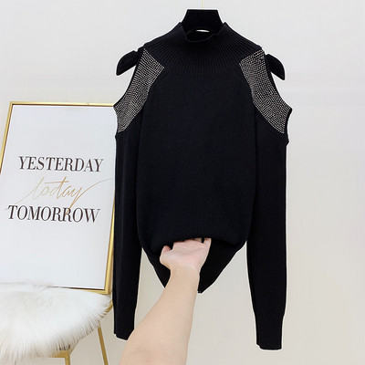 Pulover de dama cu guler polo, pietre si umerii goi in patru culori