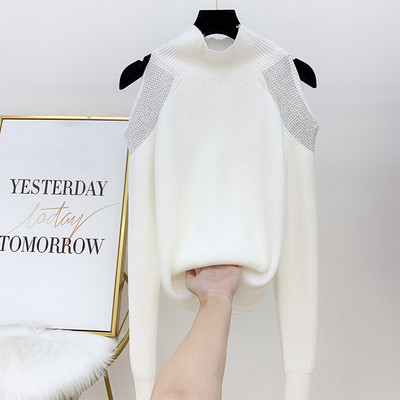 Pulover de dama cu guler polo, pietre si umerii goi in patru culori