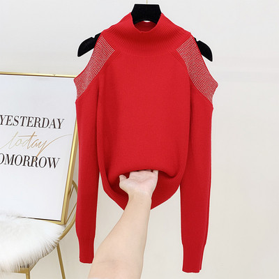 Pulover de dama cu guler polo, pietre si umerii goi in patru culori