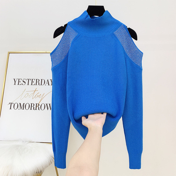 Pulover de dama cu guler polo, pietre si umerii goi in patru culori