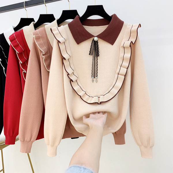 Γυναικείο πουλόβερ με κλασικό κολάρο και πέρλες σε τέσσερα χρώματα