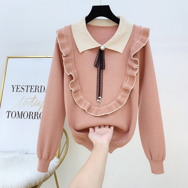 Γυναικείο πουλόβερ με κλασικό κολάρο και πέρλες σε τέσσερα χρώματα