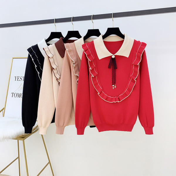 Γυναικείο πουλόβερ με κλασικό κολάρο και πέρλες σε τέσσερα χρώματα