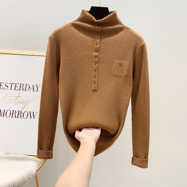 Γυναικείο πουλόβερ με κολάρο, κουμπιά και τσέπη σε καφέ, μαύρο, λευκό και μπλε χρώμα